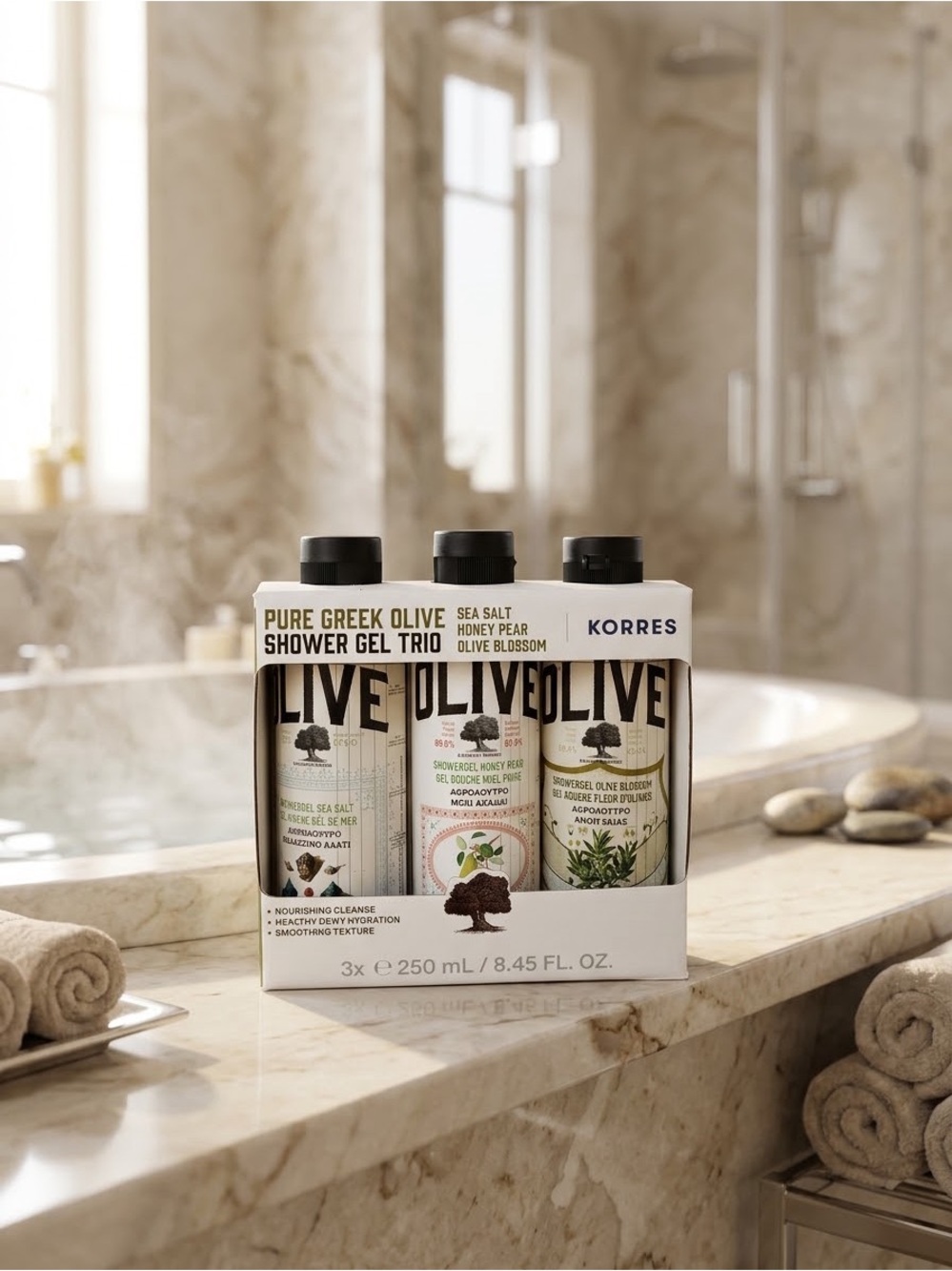 Korres Pure Greek Olive Shower Gel Trio Set Sea Salt Honey Pear Olive Blossom